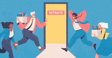illustrations salariés courent vers la porte de ssortie retraite