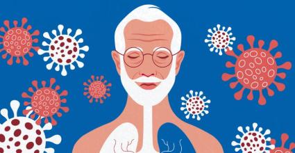 illustration senior cheveux blancs avec des microbes autour de lui