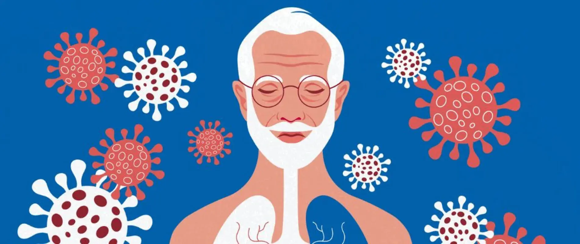 illustration senior cheveux blancs avec des microbes autour de lui