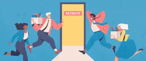 illustrations salariés courent vers la porte de ssortie retraite